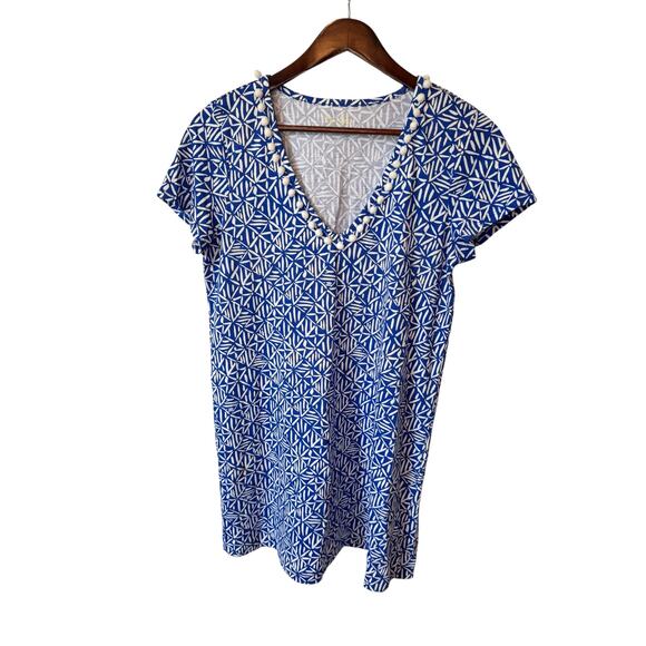 LILLY PULITZER Etta Pompom Shift Dress Corsica Print Blue Size Medium $98 MSRP - Picture 2 of 10